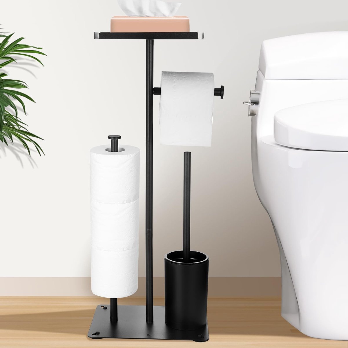Dailygoods- Toiletrolhouder Vrijstaand - Toiletrolhouder met Plankje - Toiletrolhouder zonder Boren - Toiletaccessoires - Roestvrij Staal - Mat Zwart