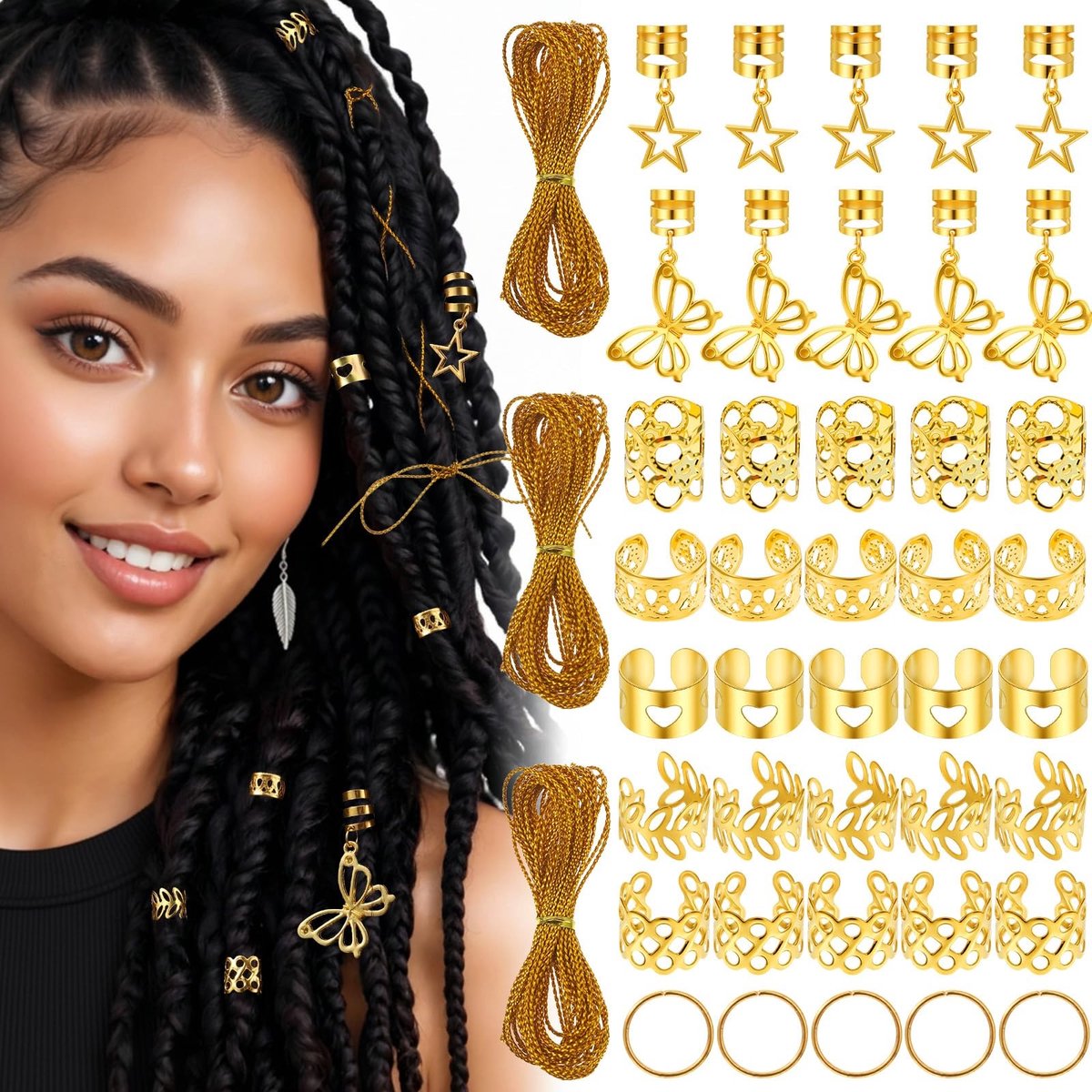 Dailygoods- Dreadlocks Haaraccessoires 64 stuks - Gouden Haar Sieraden - Verstelbaar - Piratenhaarsieraad - Zinklegering - Luxe Look - Haarsieraden