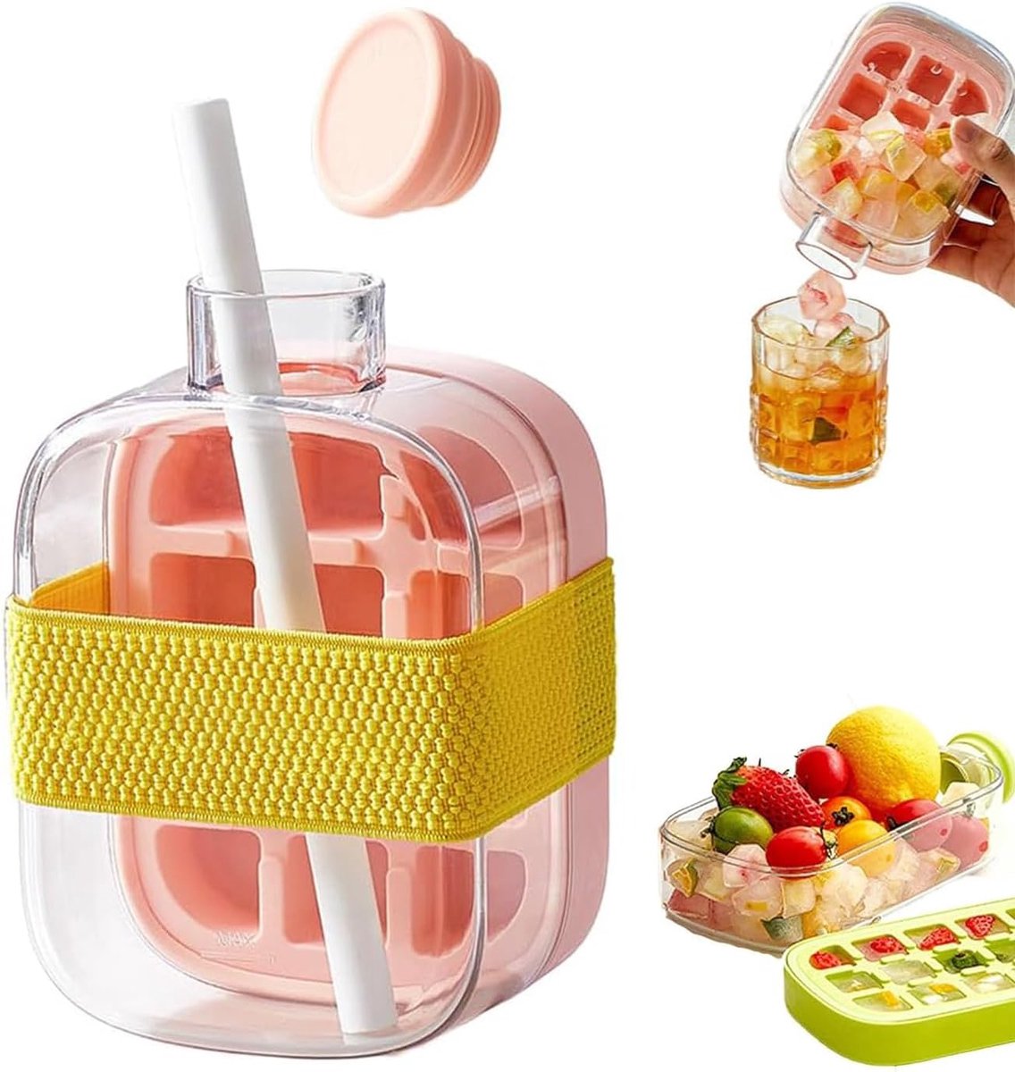 Ulisem - IJswaterfles - 500ml - 2-in-1 ijsblokjesmaker en drinkfles - Met perssysteem - Geen handcontact - Lekvrij deksel - Makkelijk schoon te maken - Bespaart ruimte - Voor thuis, kantoor en reis - BPA-vrij - Herbruikbaar - Roze