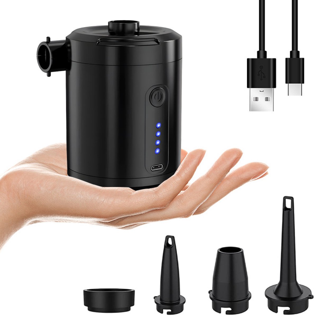 Elektrische luchtpomp, 5000mAh oplaadbare batterij, snelle opblaas-/leeglooppomp met 3 mondstukken, Geschikt voor slaapmatten.