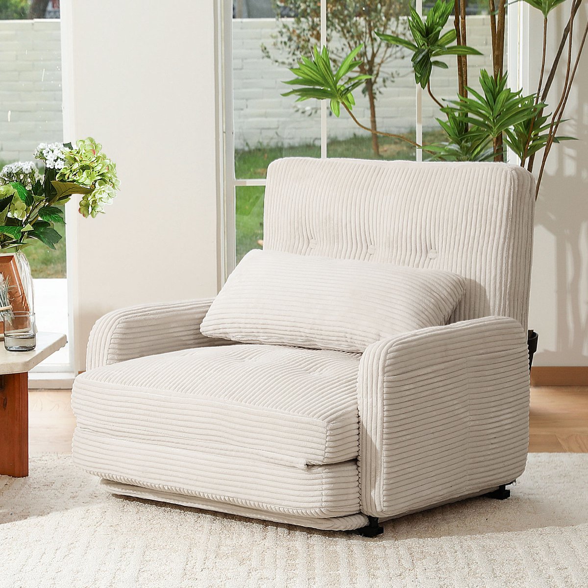 HomeMiYN Vloerbank – Ivoorwit – Chenille Vouwbank Slaapbank – Opvouwbare Sofa Bed 2-in-1 – Draagvermogen 227 kg – Met Kussens – Modulaire Grond Bank – Voor Woonkamer & Slaapkamer