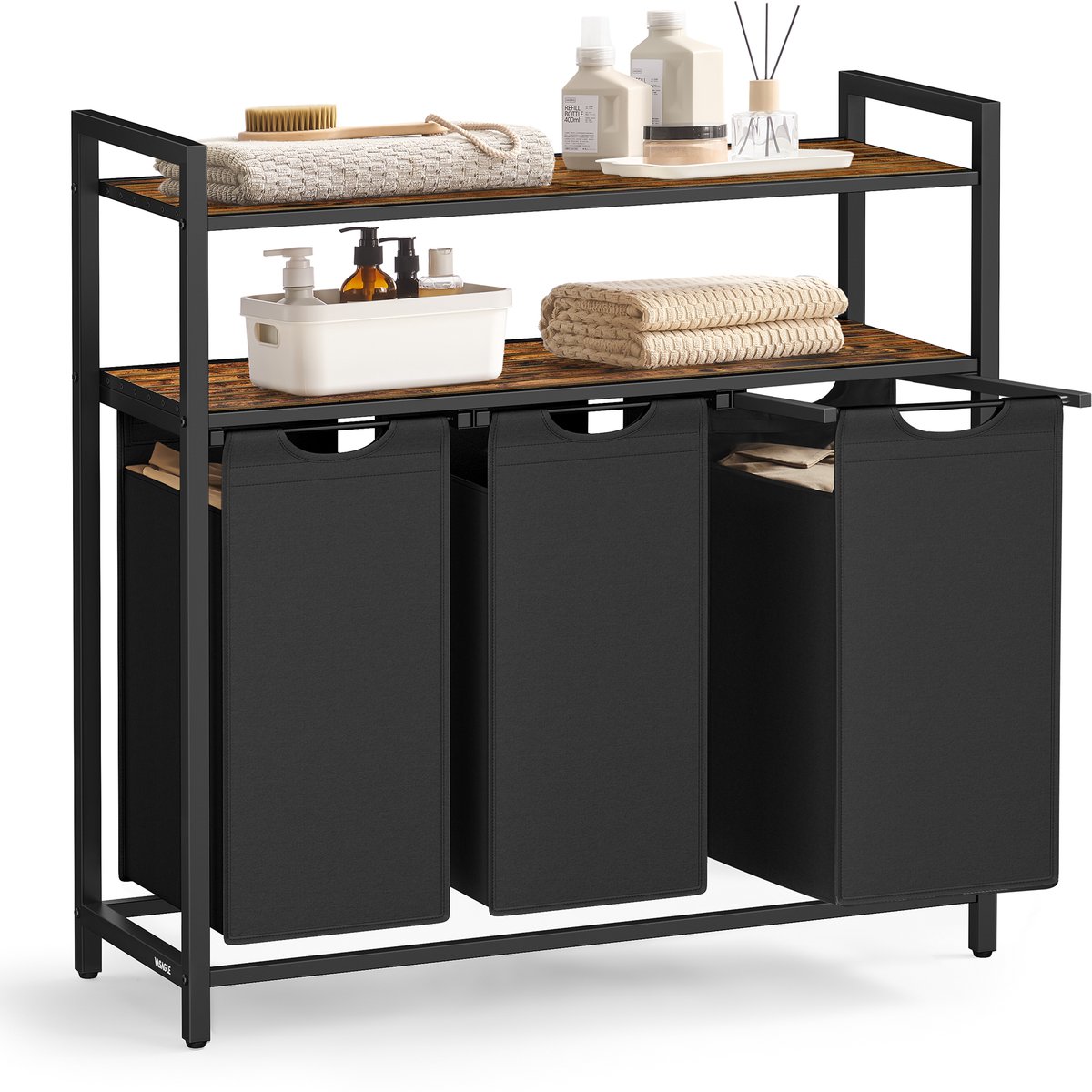 VASAGLE - Wasmand - Wassorteerder - 3 Uitneembare Tassen - Legplank - Voor Badkamer en Wasruimte
