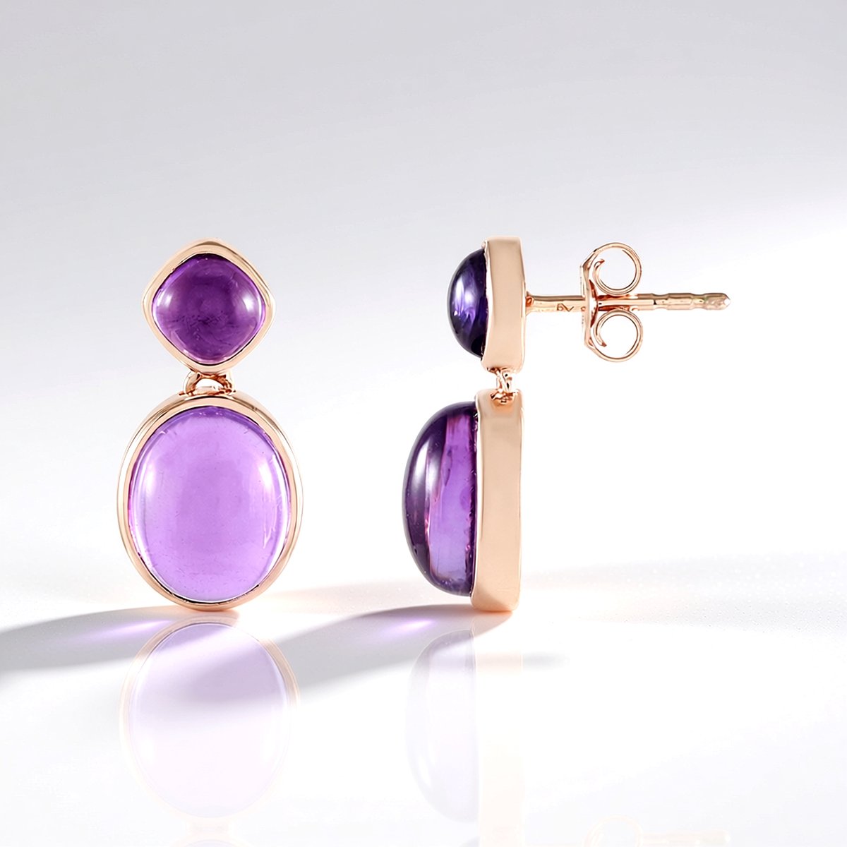 Cavill - Elegante Oorbellen - 925 Sterling Zilver - Roségoud Verguld - 6,356 ct Ovale en Kussen Marokkaanse Amethist - Bezel Zetting - Dames Sieraden