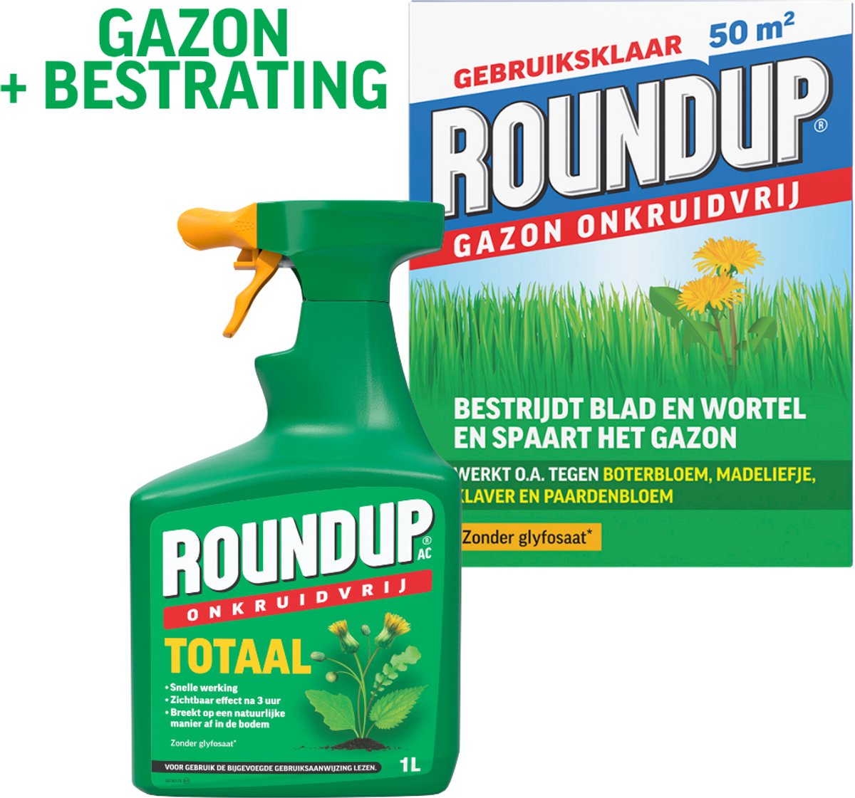 Roundup Gazon Onkruidvrij 1kg + Totaal Onkruidvrij Spray 1L – Onkruidverdelger – Voor Gazon én Bestrating – Onkruidverwijderaars zonder glyfosaat