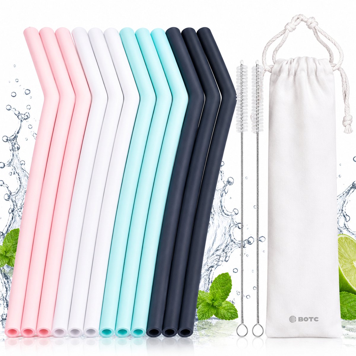 BOTC Siliconen Herbruikbare Rietjes - set van 12 stuks incl. 2 borstels - Herbruikbare - drinkrietjes - BPA vrij