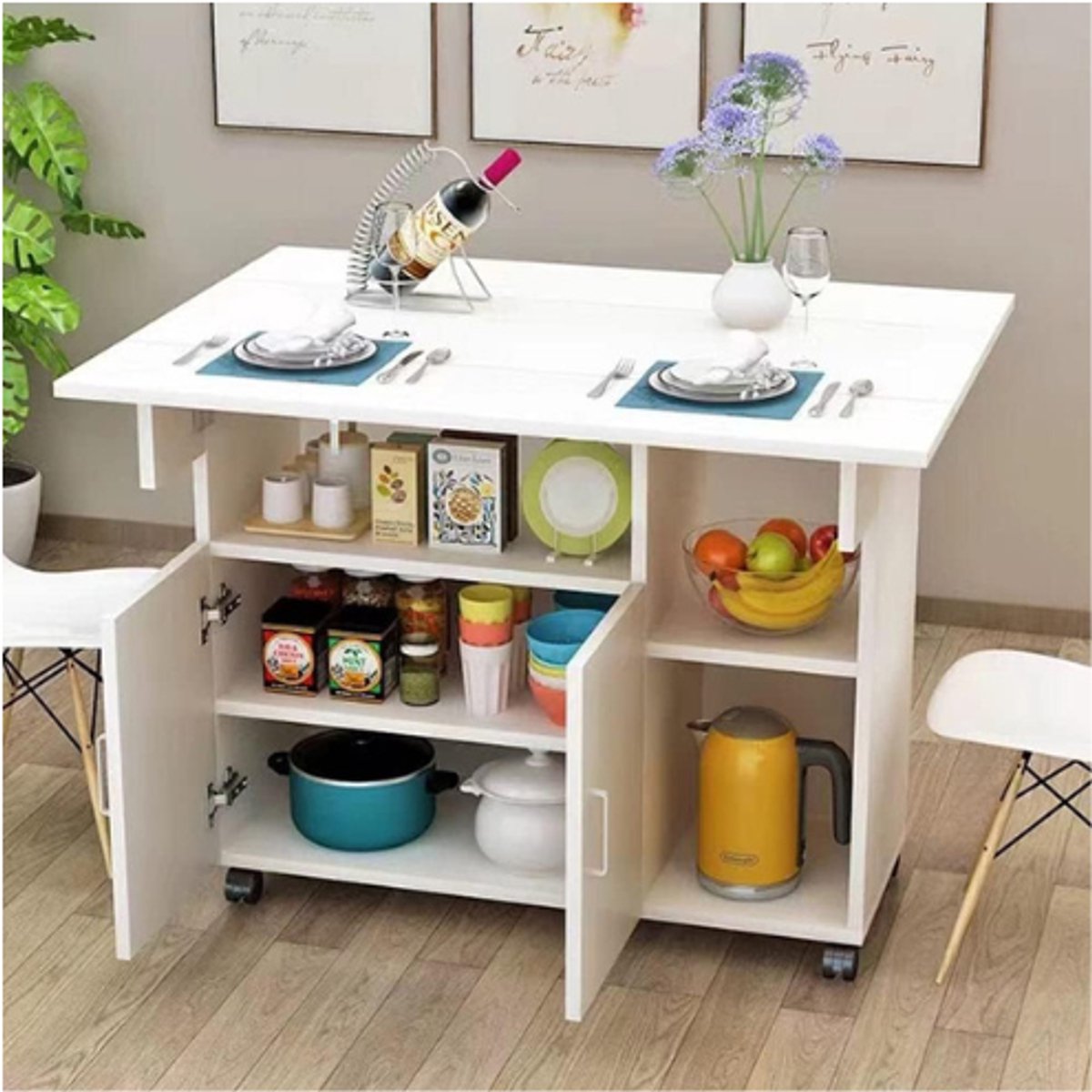 Multifunctionele Eettafel Met Planken - Ruimtebesparend Design Met Opbergruimte En Deuren - Verrijdbare MDF Houten Tafel - Modern Bureau En Eettafel In Eén - Slimme Opklapbare Opbergtafel