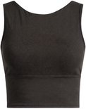 Donkergrijs sport T-shirt zonder mouwen met hoge hals en brede band aan de onderkant.