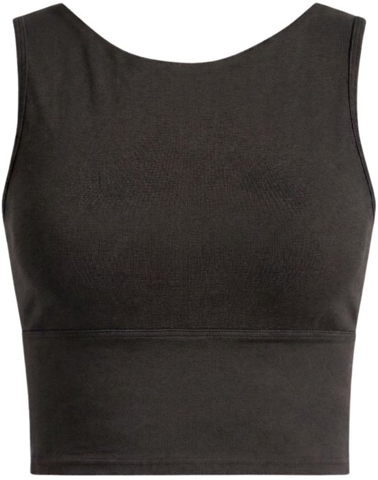 Donkergrijs sport T-shirt zonder mouwen met hoge hals en brede band aan de onderkant.