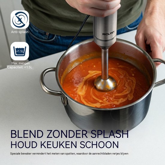 Staafmixer set - Handblender met hakmolen - Traploze snelheid - 1000 W - 700 ml maatbeker - Keukenmixer - 6,5 x 6,5 x 40 cm - Zilver van ROUNY — afbeelding 5