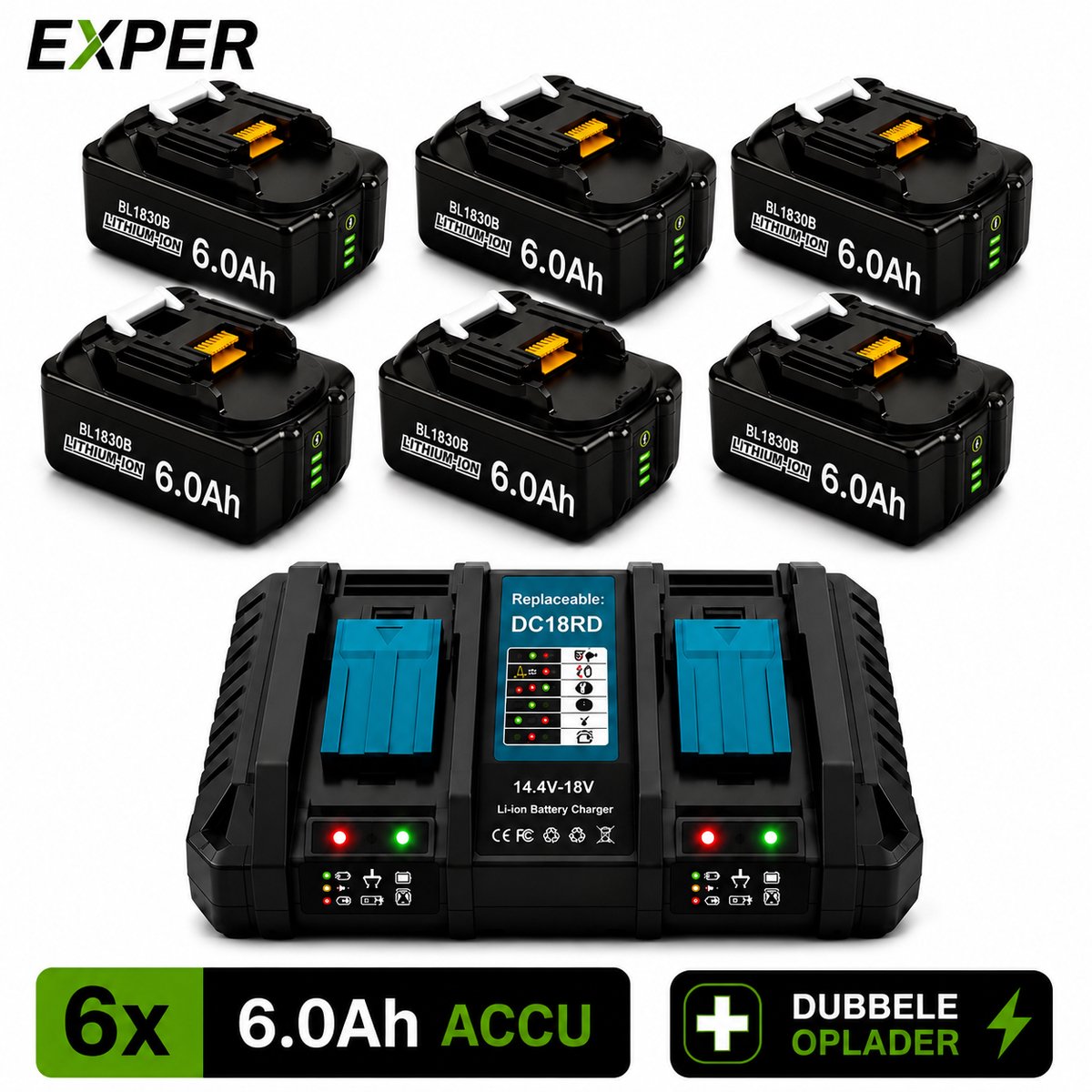EXPER 18V Accu geschikt voor Makita - 6 Stuks - Extra Duo snellader LXT DC18RD - 18V 6.0Ah Batterij - Vervangende Accu - 6000mAh - LED display - Li-ion Accu - LED Display - Accuboormachine - 18V BL1830B BL1860B BL1840B BL1815 LXT-400 BL1850B