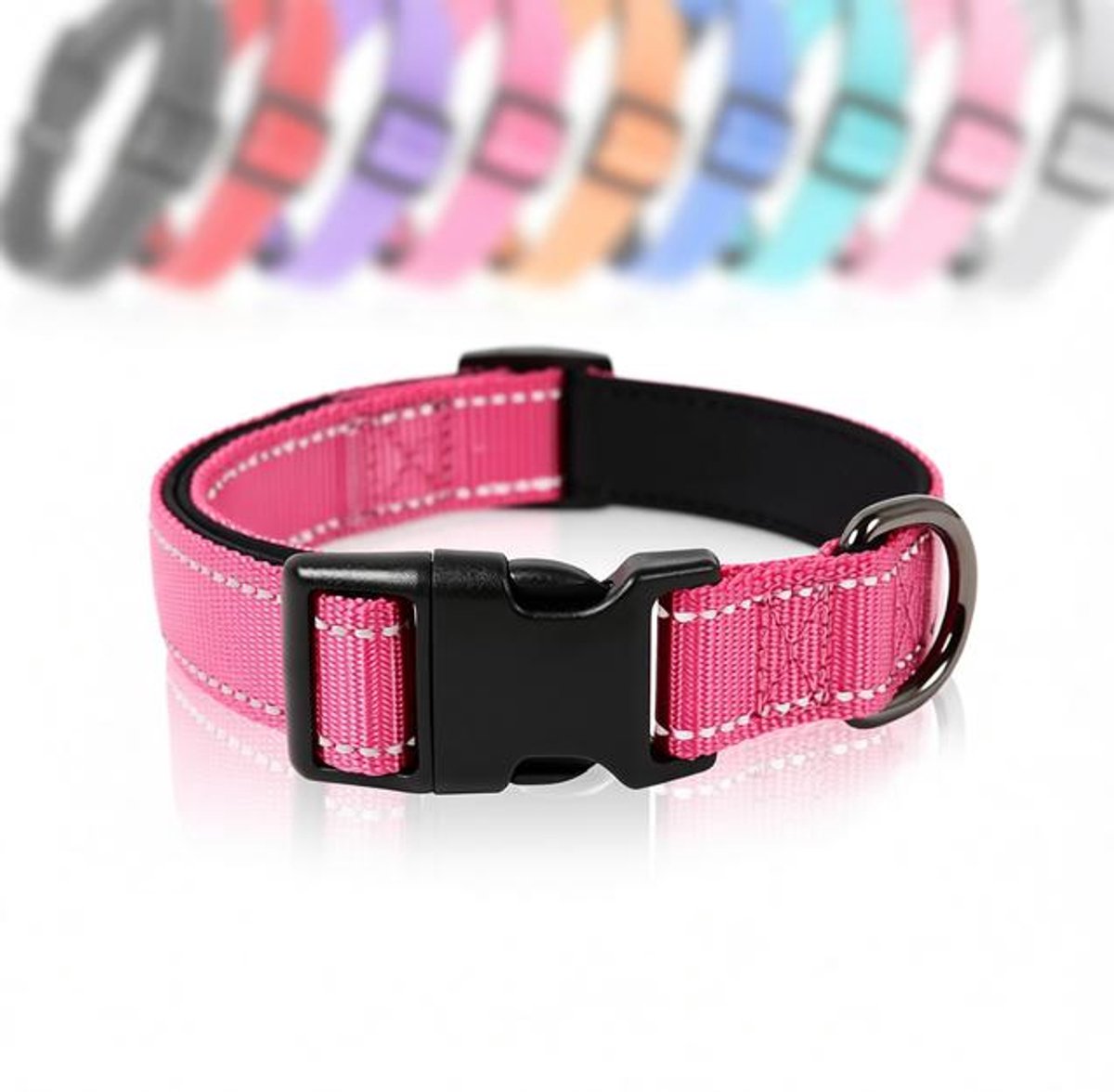 ElleMooi Reflecterende Hondenhalsband, Verstelbare Neopreen Nylon Halsband met Veiligheidsslot, voor Kleine, Middelgrote en Grote Honden, Maat M, Roze Rood