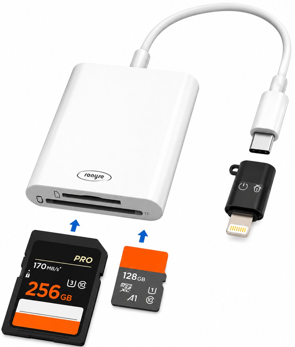 SD Kaart Lezer - USB-C SD Kaartlezer - Geheugenkaartlezer Micro SD - Inclusief 8-Pin Converter - TF Kaartlezer - Foto's en Video's Overzetten - Card Reader