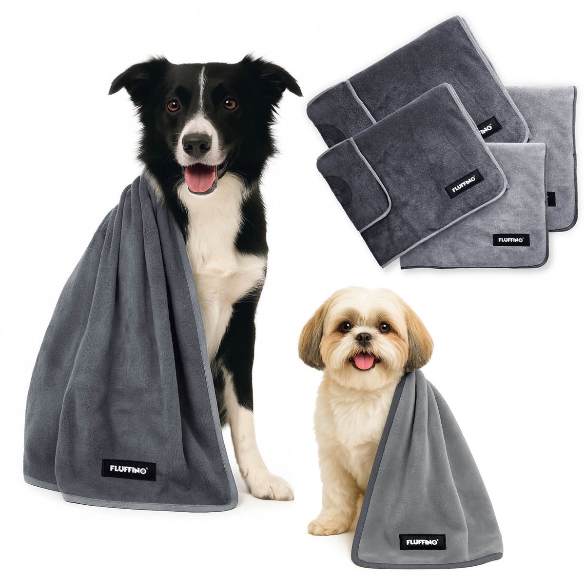FLUFFINO Set van 4 hondenhanddoeken - 2 stuks 120 x 70 cm & 2 stuks 90 x 50 cm - extreem absorberend & zacht | Wasbaar op 60 °C, sneldrogende microvezelhanddoek voor kleine, middelgrote & grote honden