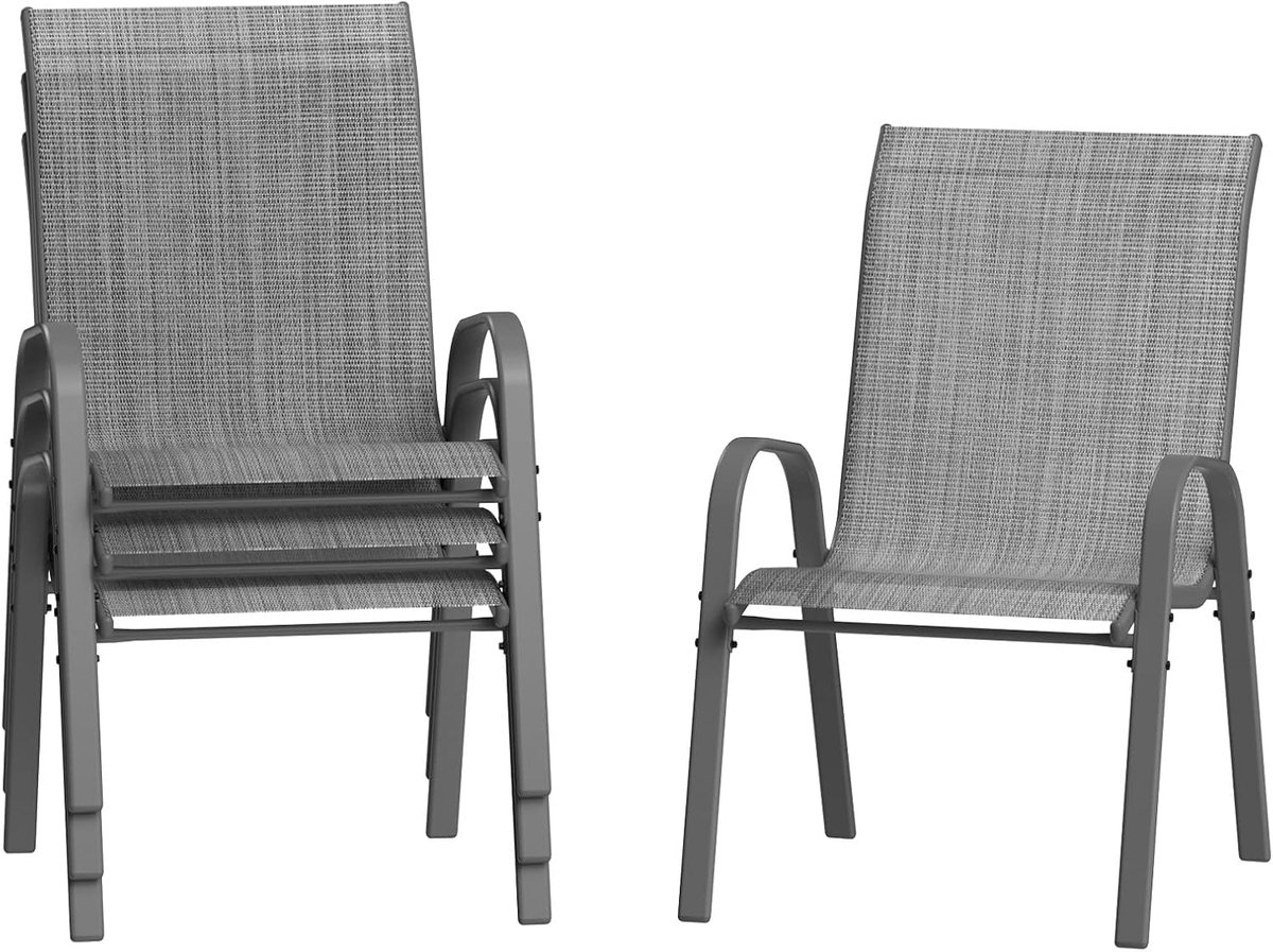 Set van 4 Stapelbare Tuinstoelen - Ademend Textilene - Weerbestendig & Roestvrij Metaal - Comfortabele Stoelen voor Tuin, Balkon en Terras - Grijs