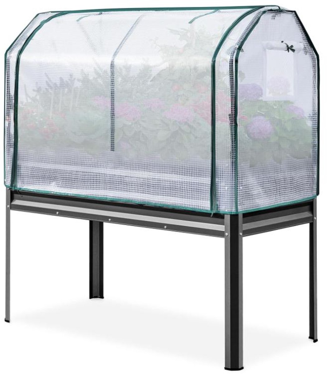 Verhoogde Moestuinbak op Poten met Kweekkas - Verzinkt Staal - 120 x 60 x 140 cm - Inclusief Afdekhoes & Drainage - Ergonomisch Tuinieren - Grijs