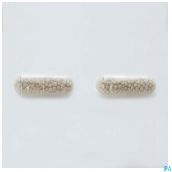 Twee doorzichtige capsules, gevuld met kleine korrels.