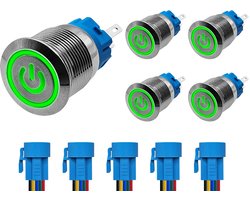 ProRide Drukschakelaar ON-OFF 12V/24V - 19mm Metaal - Waterdicht - LED Groen - Met Kabels - 5 stuks