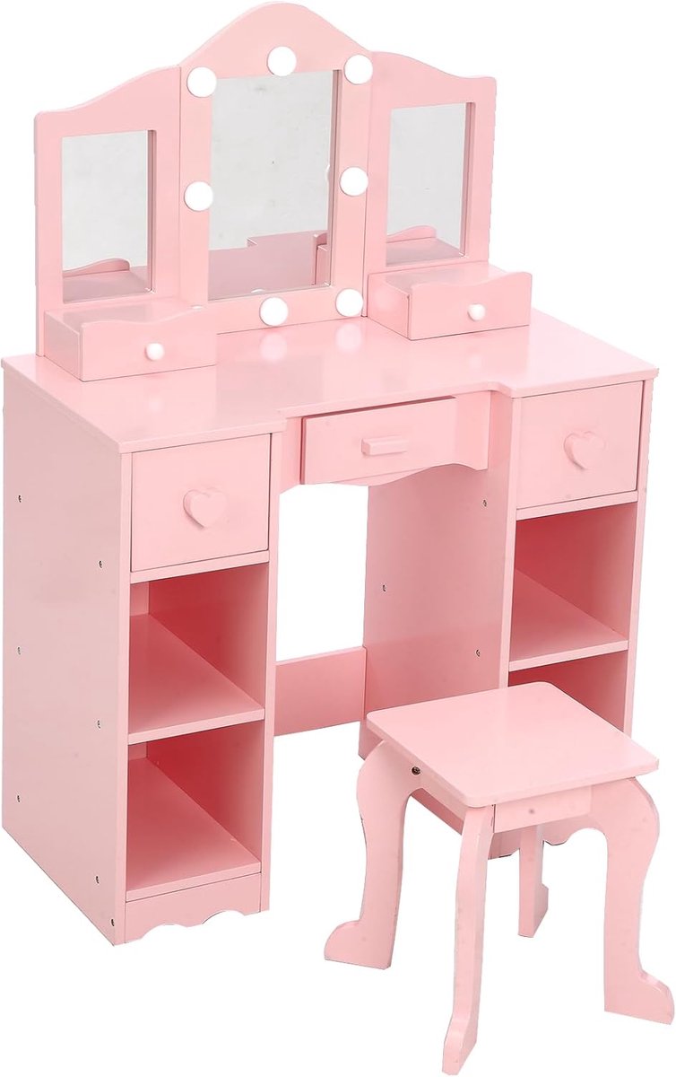 Roze kinder kaptafel, kaptafel en kruk set, met drievoudige spiegel en ledverlichting, opbergruimte voor de kinderkamer
