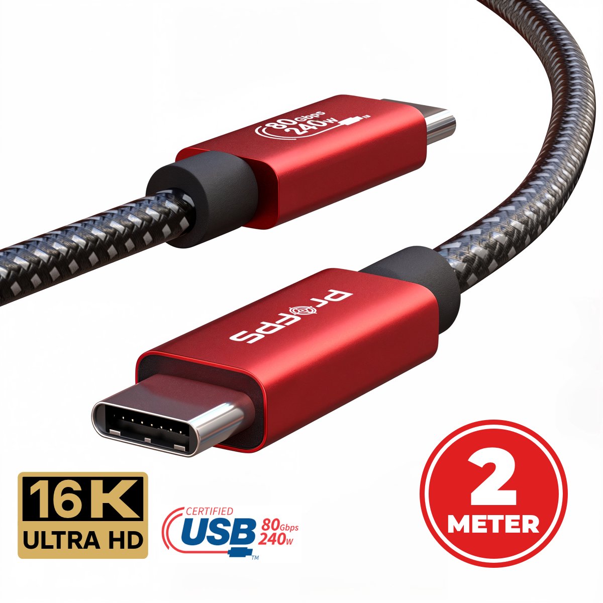 ProFPS USB-C naar USB-C Kabel 2M – USB 5.0 – 240W – 80Gbps – 16K – 8K/60Hz