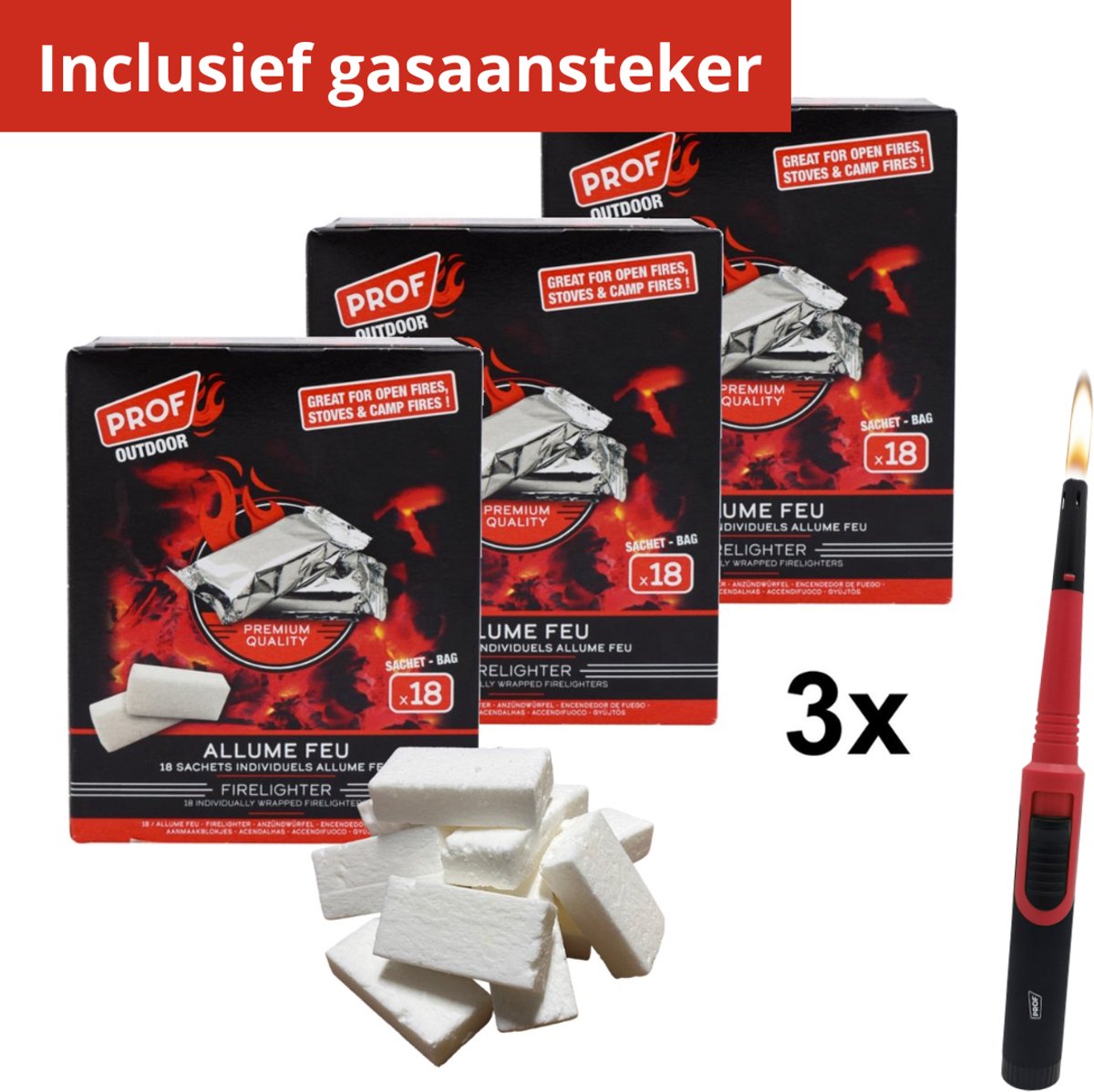 PROF Premium aanmaakblokjes per stuk verpakt - SET van 3 doosjes a 18 stuks - Geschikt voor kachels, BBQ, tuinhaarden