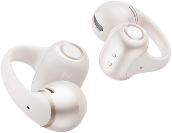 Twee witte Shokz oordopjes met oorclips en gouden accenten, op een witte achtergrond.
