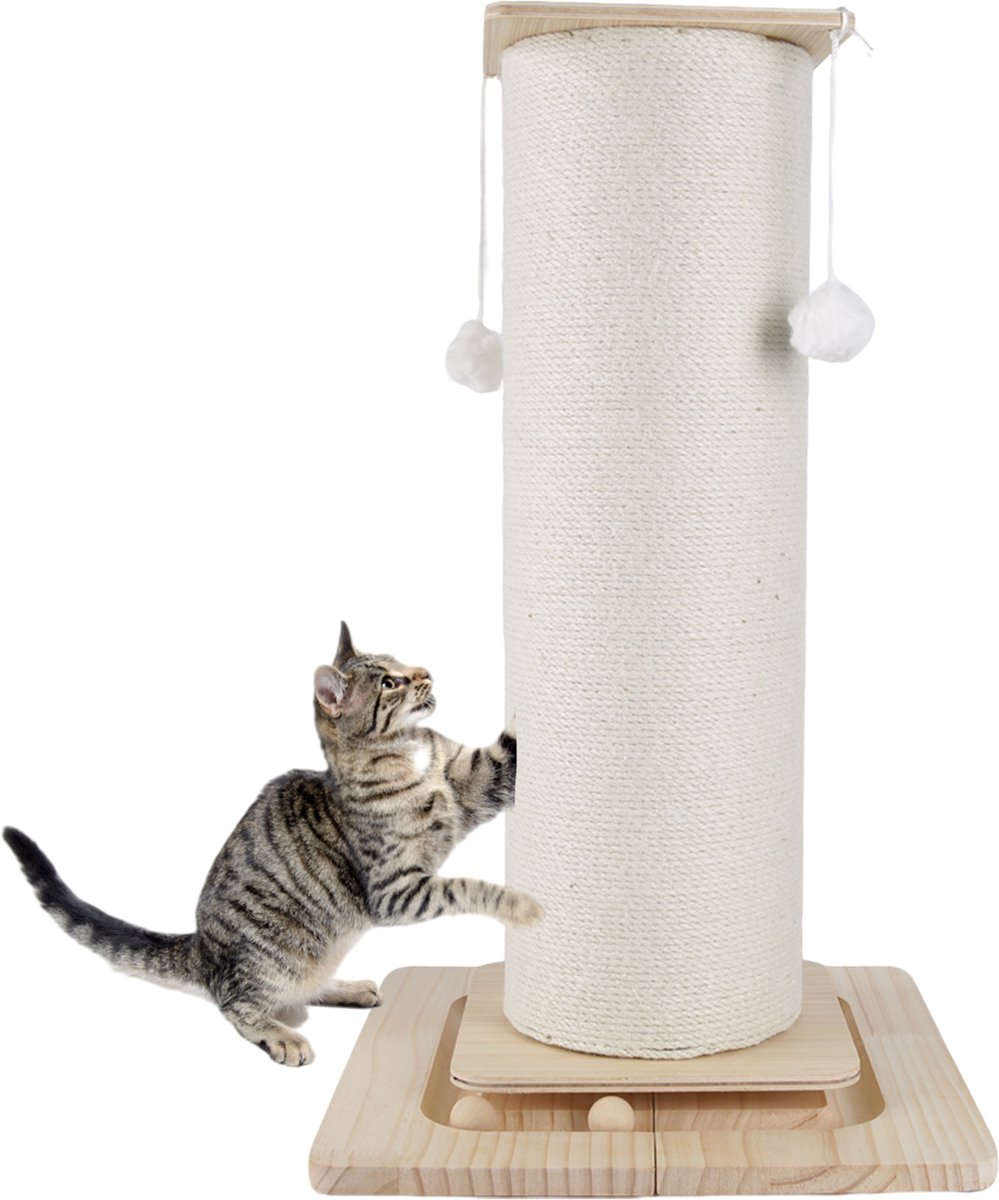 Venzor - Kattenkrabpaal 60 cm – Massief Hout & 100% Sisal – Stabiele Krabplank met Hangend Speelballetje – Verbrede Basis – Voor Katten & Kittens