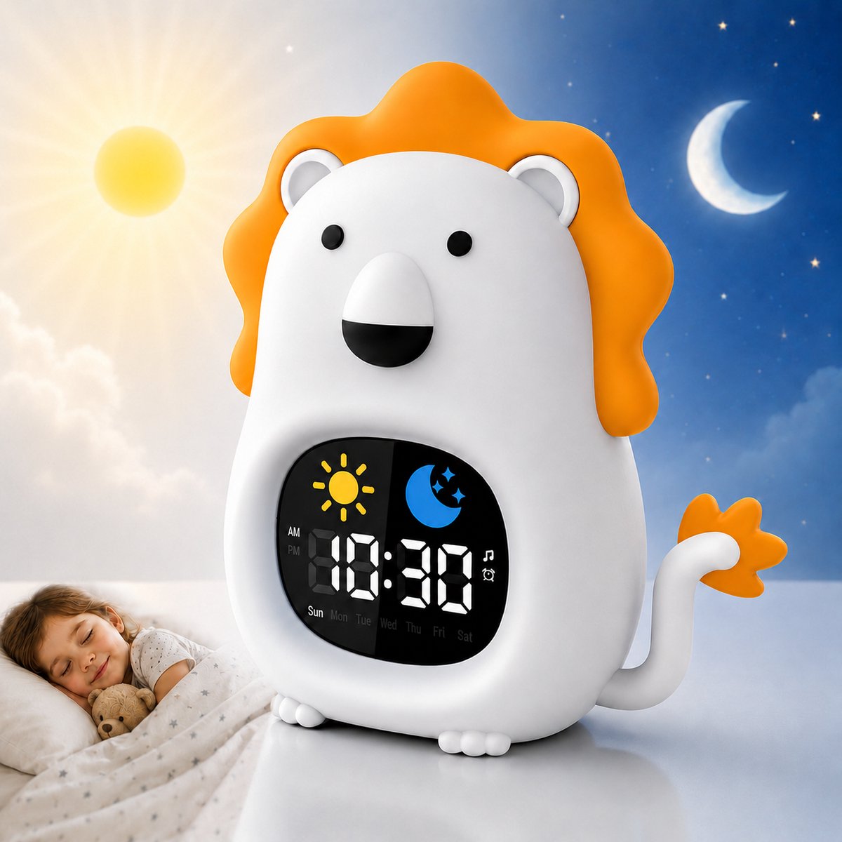 Caryota Slaaptrainer Leeuw - Kinderwekker - Slaapwekker Voor Kinderen - White Noise - Dimmer - Nachtlampje In 9 Kleuren - 6 Geluiden - USB-C Oplaadbaar