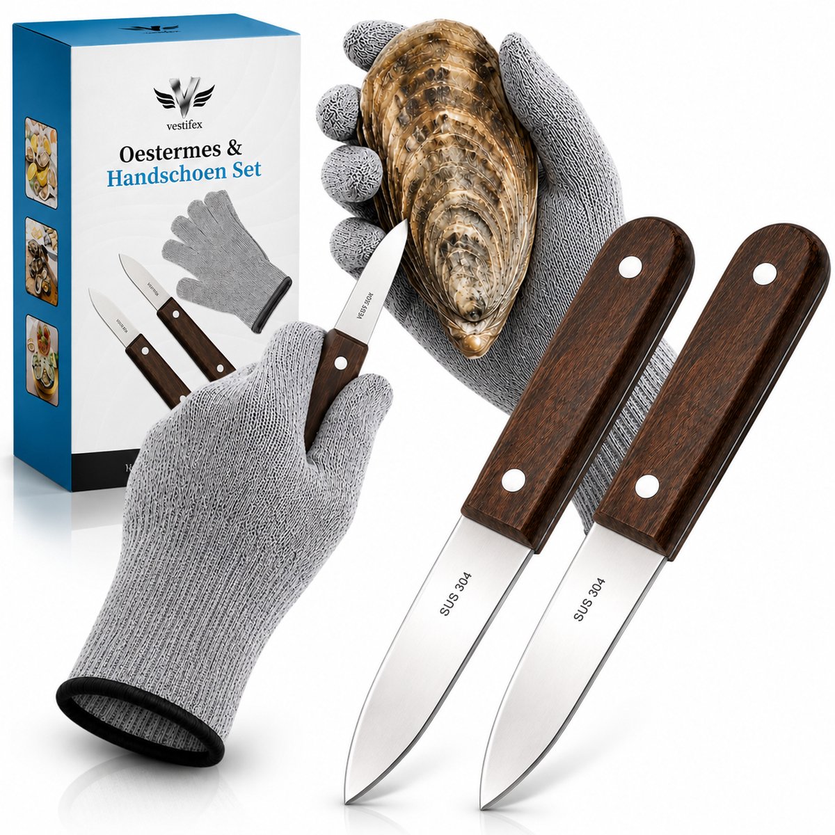 Vestifex® - Oestermes - Oesterhandschoen - Oester Set Handschoen & oestermes - Snijwerende Handschoenen - Inclusief Gratis 10 Recepten - Ebook - Cadeau