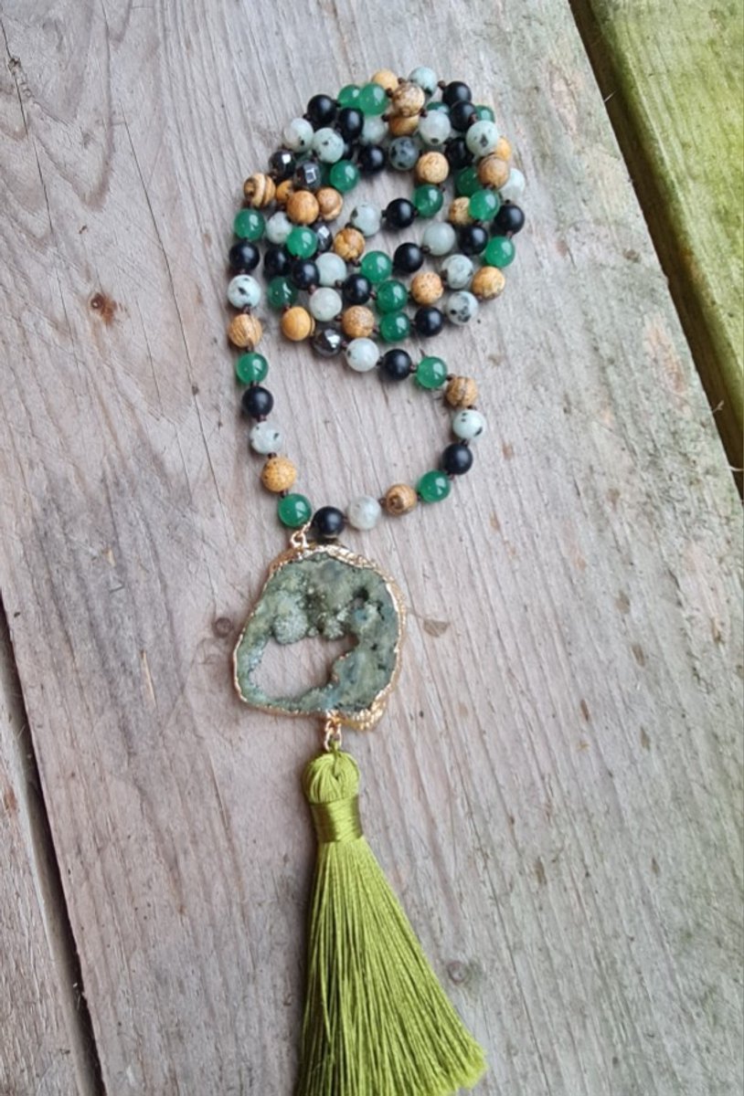 Boho lange edelsteen ketting - kralen Picture Jaspis en Flouride - GROEN rond hanger