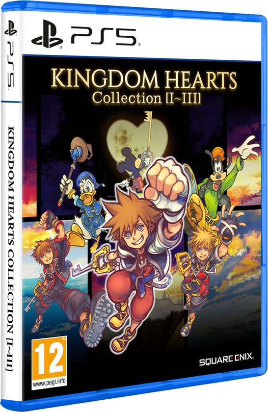 PS5 gamecover KINGDOM HEARTS Collection II~III met Sora, Mickey, Donald, Goofy, Riku en Kairi in actie.