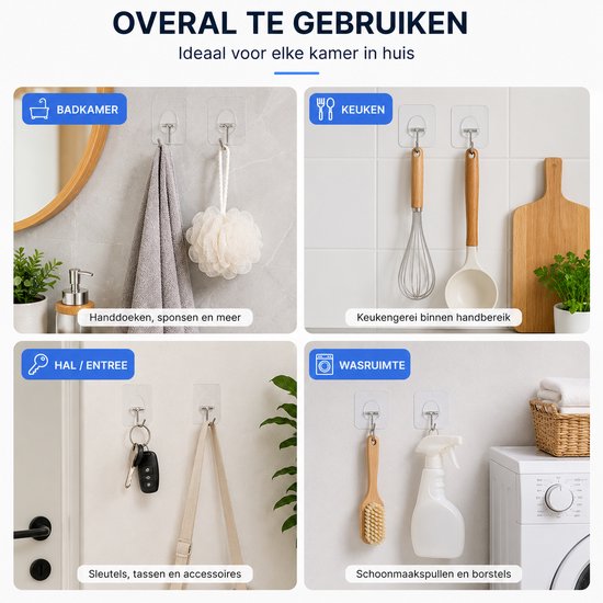 Veelzijdige transparante haakjes voor elke kamer: badkamer met handdoeken en spons, keuken met keukengerei, hal met sleutels en tas, wasruimte met schoonmaakspullen.