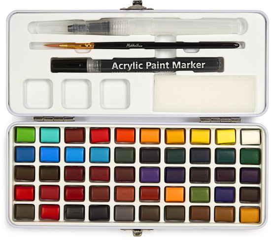 Gouden doos met 50 kleuren aquarelverf, inclusief een penseel en een acrylverf marker.