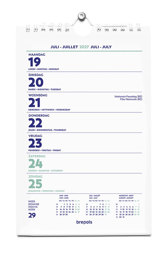 Wandkalender 2027 met de dagen juli 19-25, weekaanduiding en kleine kalenderoverzichten.