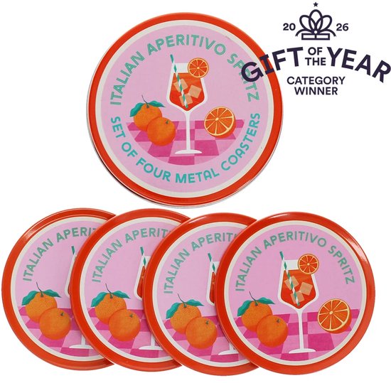 Set de quatre sous-verres ronds en métal avec fond rose, oranges et Aperol Spritz.