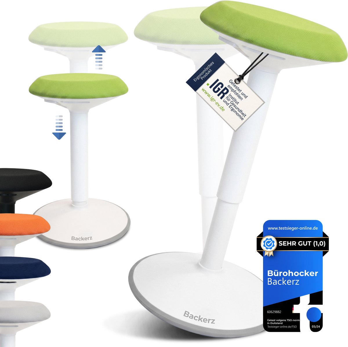 Backerz Wiebelkruk - Ergonomische Wiebel Stoel hoogte 55-80cm - Balanskruk - Zit Sta kruk - Zadelkruk Groen