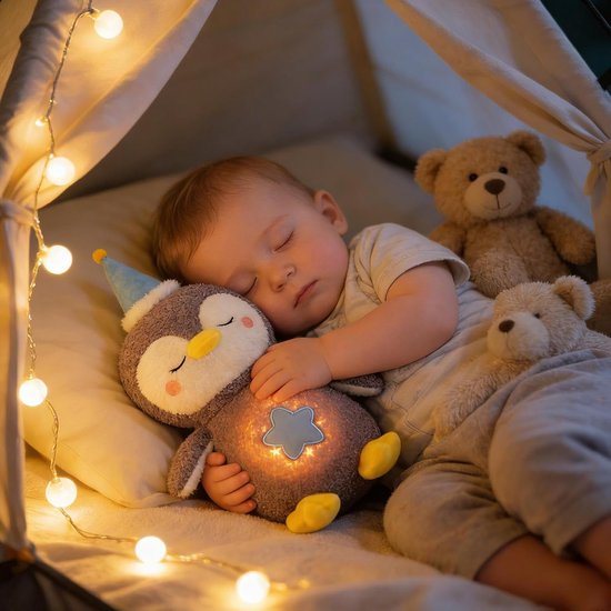 Pluche Pinguïn - Knuffelbeest Muziek - Rustgevend Slapen - Ademhalingssimulatie - 28 cm - Paars Grijs — afbeelding 4