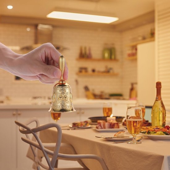 Tafelbel - Handbel - Zinklegering - Handbellen - Tafelbellen - Schoolbel - Receptiebel - Klassieke Handbel - Beltonen - Bel - Butler bel - Geschikt voor thuis, restaurants en feesten - 5.5*11.5cm - Goud — afbeelding 3