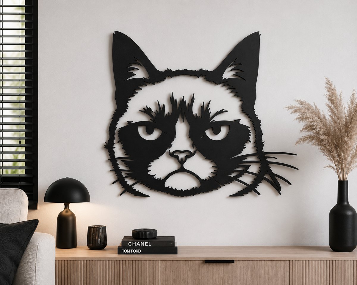 BR2Laser Grumpy cat – Wanddecoratie – Lasergesneden Hout – Dierenkunst – 55 cm Breed