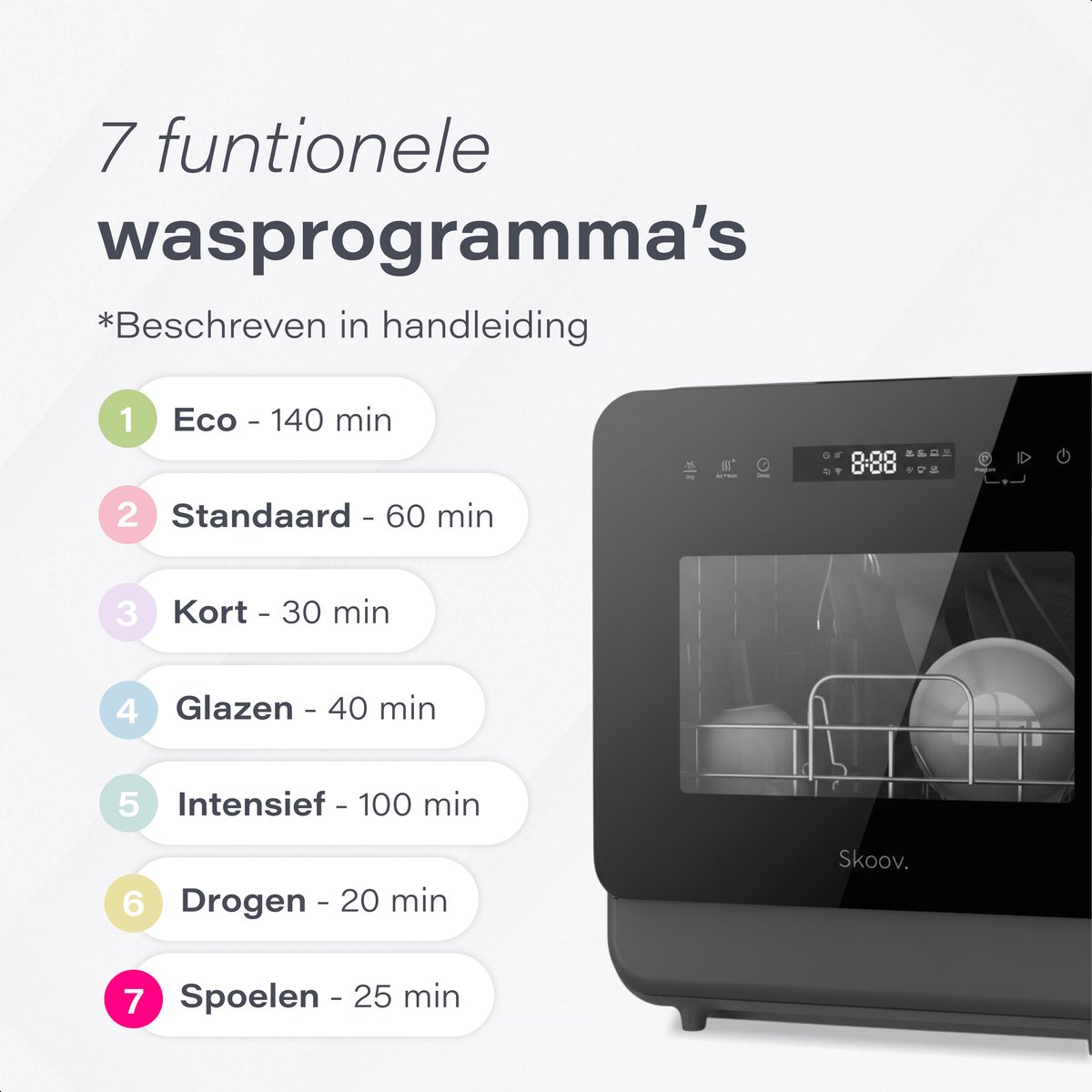 Skoov Vrijstaande mini vaatwasser met waterreservoir - Afwasmachine vrijstaand - Dishwasher - Vaatwas - Met bestekmand - Kleine vaatwasmachine - Smalle - Tafel - Camping - Zwart - Compact - 3 Couverts - 7 wasprogramma’s thumbnail 4