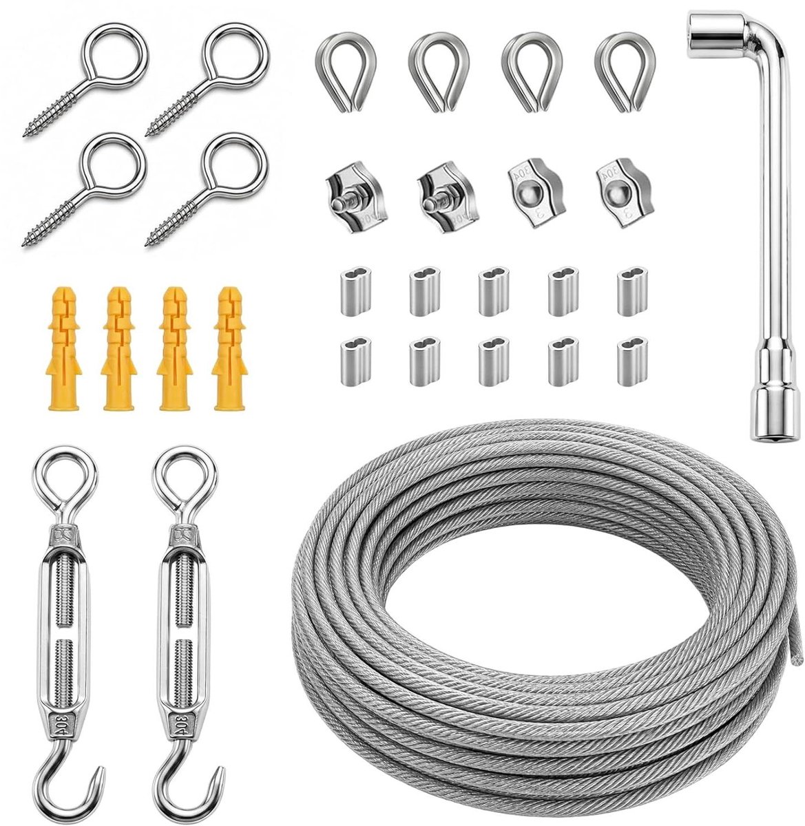 Stalen Touw Set - Roestvrij Staal - Tuin Projecten - 94 Delige Kit - 60 Meter - Zilver