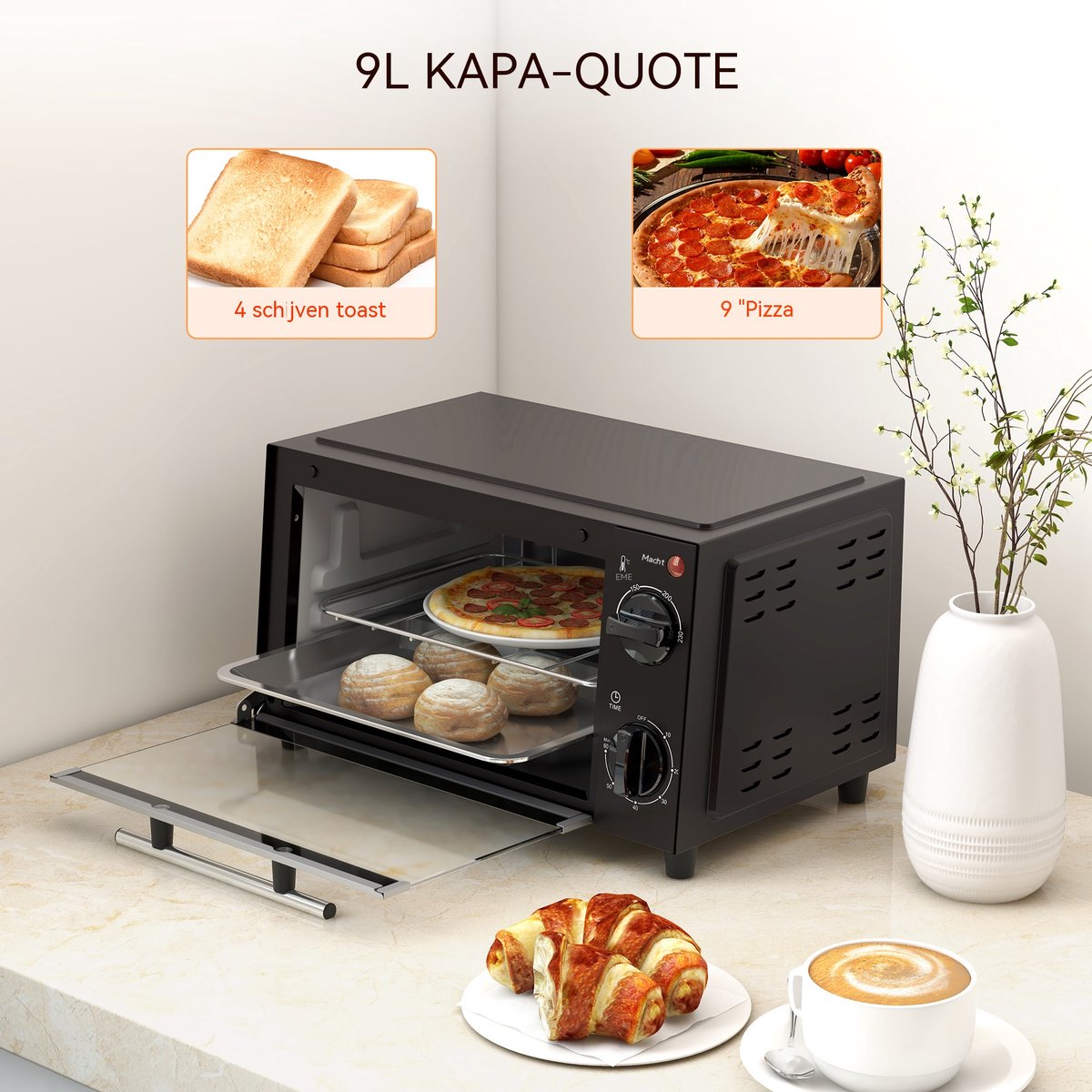Mini Oven - Kleine Elektrische Bakoven - Instelbare Temperatuur 100-230°C - 60 Minuten Timer - 750W 9 Liter - Voor Camping en Keuken - 35x24,6x20cm - Zwart – foto 4