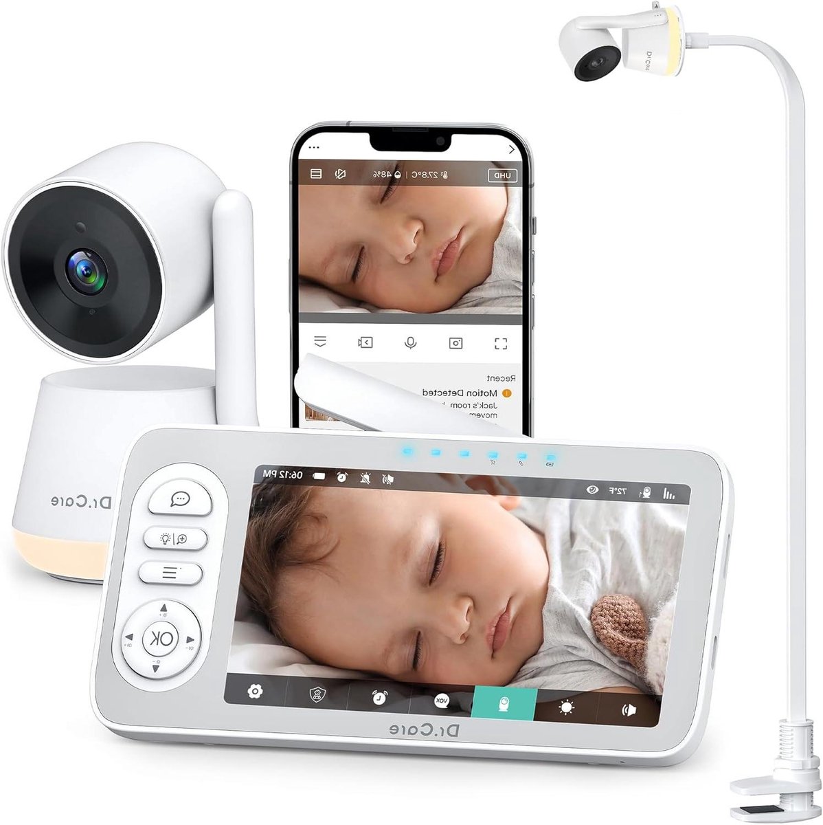 Babyfoon met camera - Video monitor - Kindbewaking thuis - Bewegingsdetectie - 5.5 inch scherm - Wit