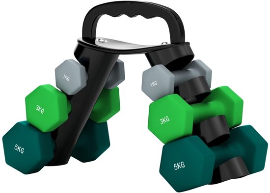 Hantelset met zwart opbergrek, met 1kg, 3kg en 5kg dumbbells in groen en grijs.
