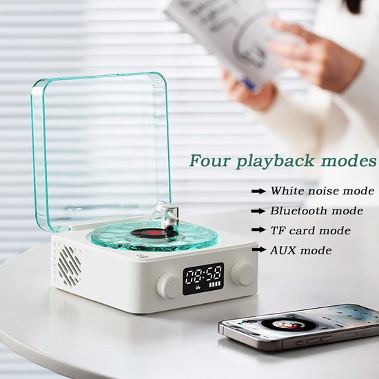 Platenspeler, Waves Bluetooth-speaker, draagbare vintage vinyl-speaker met instelbaar licht en tijdweergave voor slaapkamer en feestjes, wit — afbeelding 4