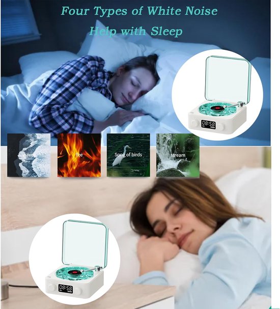 Platenspeler, Waves Bluetooth-speaker, draagbare vintage vinyl-speaker met instelbaar licht en tijdweergave voor slaapkamer en feestjes, wit — afbeelding 5