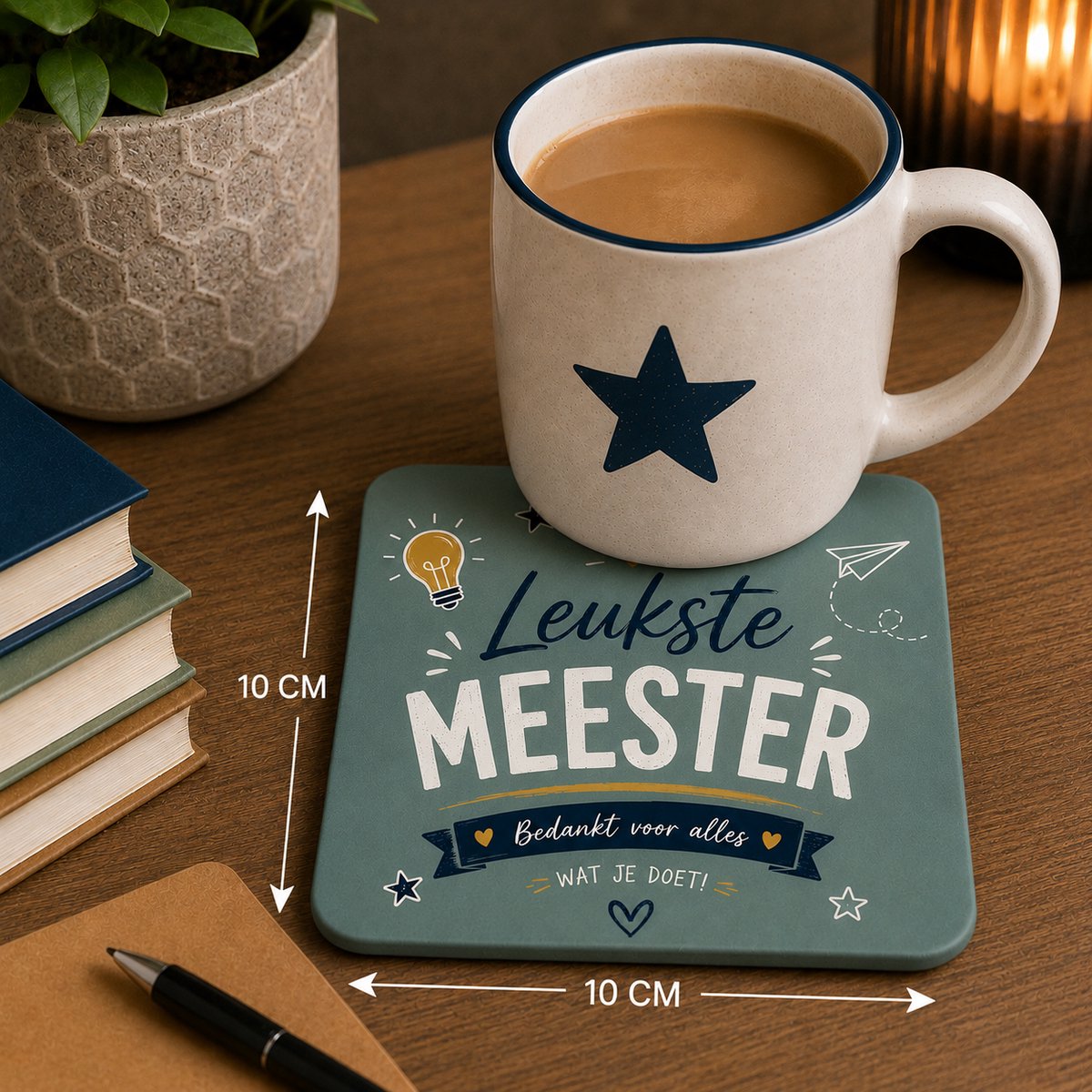 Leukste Meester Onderzetter 10x10 cm – Cadeau voor Meester – Keramische Onderzetter met Bedankt Tekst