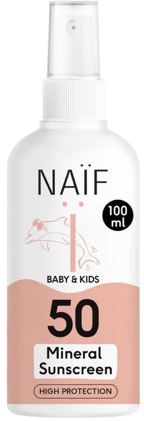 Witte sprayflacon met de tekst 'NAÏF BABY & KIDS 50 Mineral Sunscreen High Protection'.