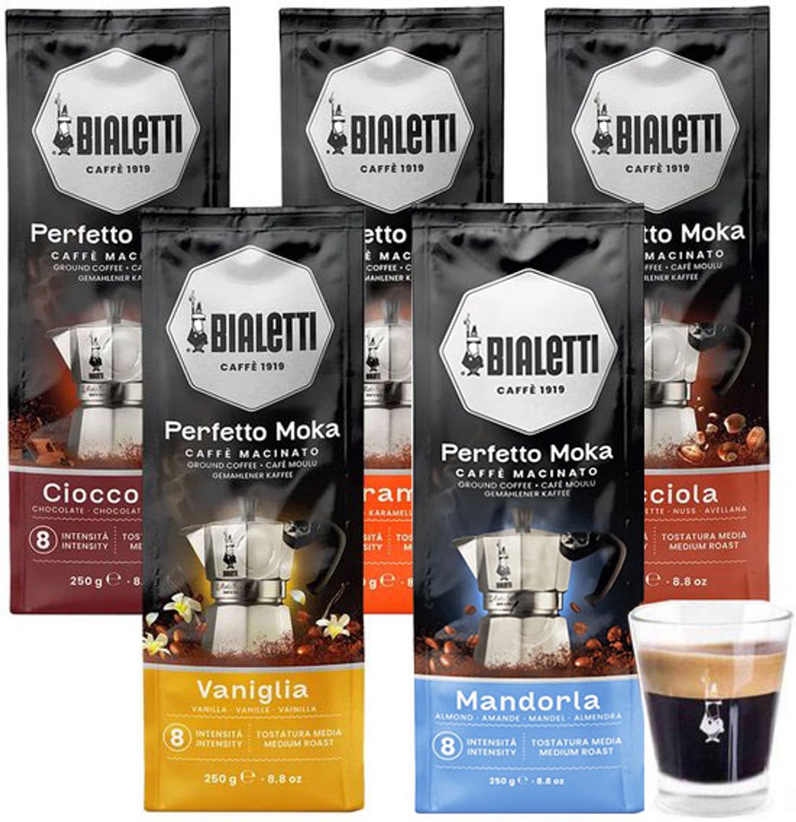 Bialetti Perfetto Moka Koffie smaken proefpakket - 5 x 250 gram - Caramello, Cioccolato, Mandorla, Nocciola en Vaniglia