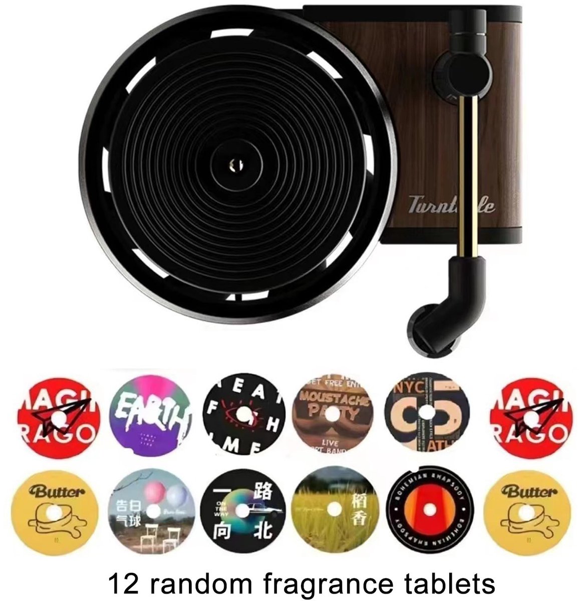 Dailygoods- Luchtverfrisser Auto - 12 Stuks Geur Diffuser - Retro Stijl Platenspeler - Aromabletten Pads - Unieke Decoratie - Efficiënt Aromadiffusiesysteem - Autodiffuser