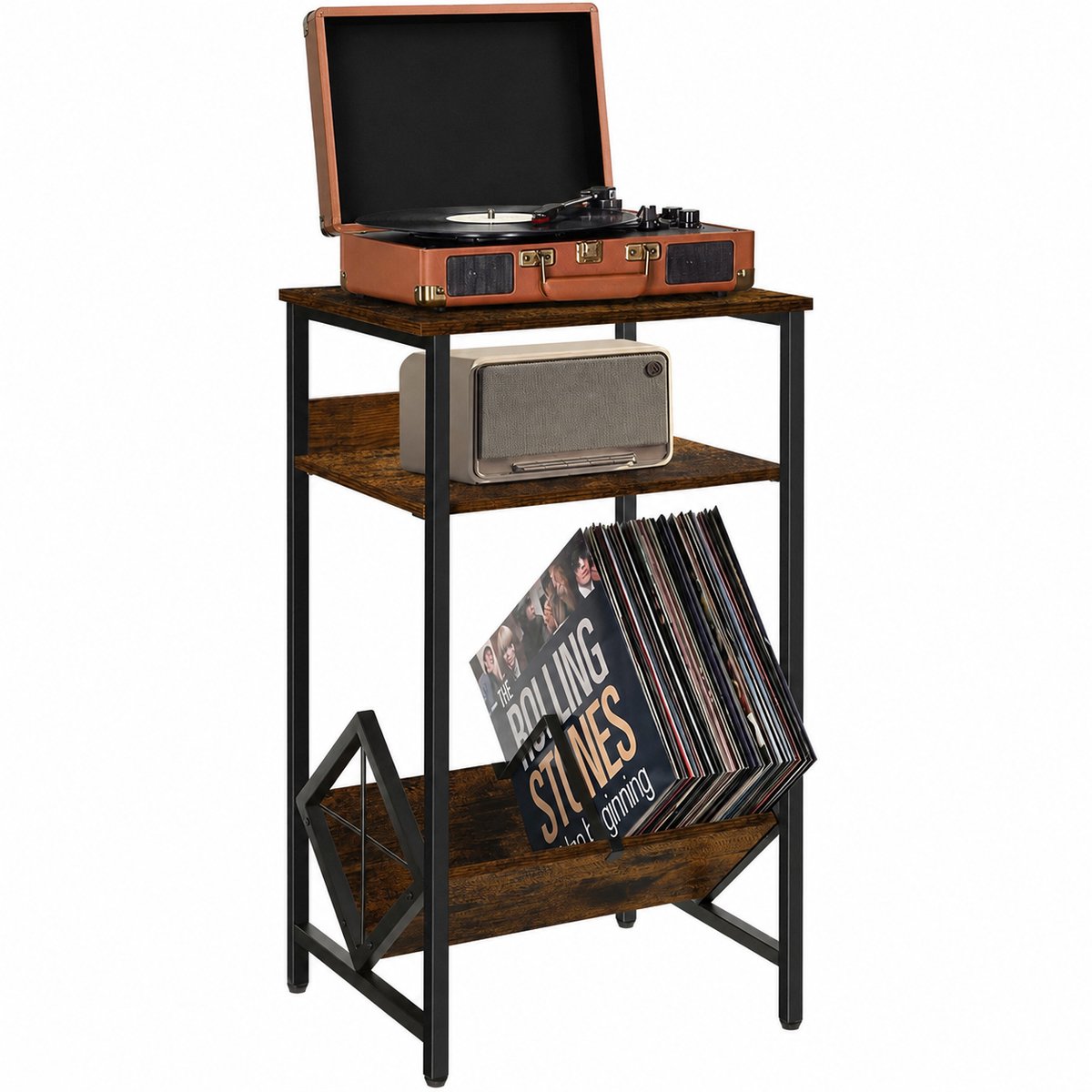 LifeLux LP Opbergsysteem met LP Speler Tafel – Vinyl Kast voor LP's – Platenkast Metaal & Hout – Vinyl Meubel – LP Rek Bruin/Zwart